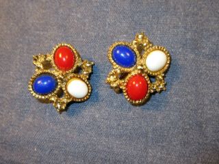 Sarah Coventry Vintage Clip On Earrings - Gold Tone Red White & Blue Cavachons