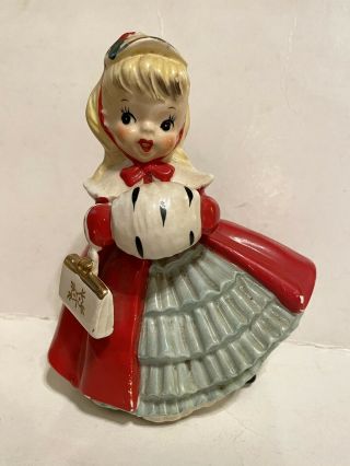 Vintage Napco Christmas Blonde Lady/girl Planter With Purse Muff 1957