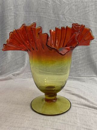 Vintage Blenko Amberina Glass Vase W/ Crimped Ruffled Edge