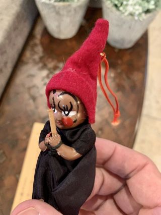 Unique Vintage Halloween Witch Ornament Painted Brown Straw Hair Broom