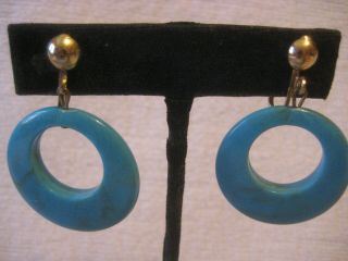 Earrings Clip - On Vintage 60s 70s Marbleized Blue Plastic Faux Turquoise Hoops