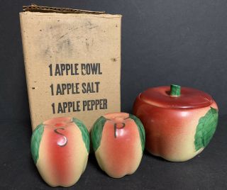Vtg Hull Pottery 1940’s Blushing Apple Bowl Salt & Pepper Shakers W/orig Box