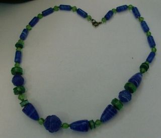 Vintage Glass Bead Necklace - Green & Cobalt W White Swirl Art Glass