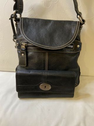 Fossil Bag Crossbody Shoulder Purse Black Leather Vintage W/ Maddox Wallet