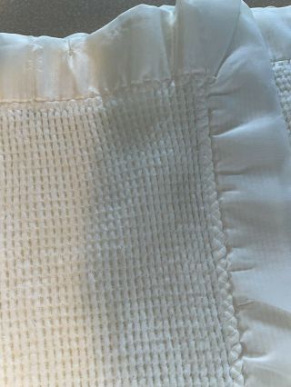 Vintage White Satin Trim Baby Blanket Thermal Waffle Weave Acrylic No Tag