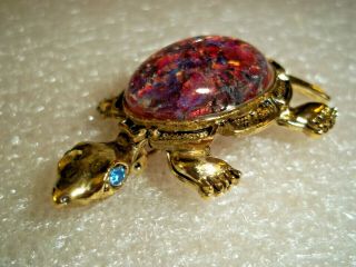 Vintage Gold Tone Rhinestone And Art Glass Turtle Brooch