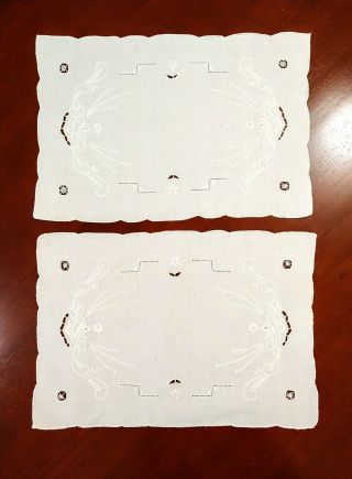 Two Vintage Hand Embroidered Cut Work White Table Mats Trey Cloths