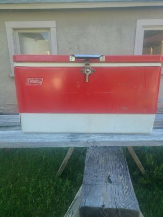 Vintage 1978 Snowlite Red Metal White Plastic Coleman Cooler Ice Chest Metal Hdl