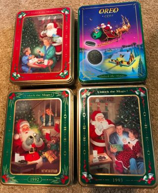 Four Vintage 1992 1993 1995 Christmas Collectible Oreo Cookie Tins