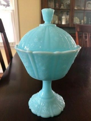 Vintage Fenton Blue Milk Glass Lidded Candy Dish On Pedestal