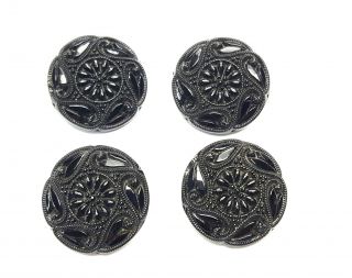Vintage Black Glass Buttons Set Of Four.  20 Mm Diam.