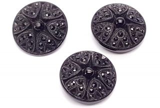 Vintage Black Glass Buttons Set Of Three.  20 Mm Diam.