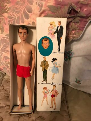 Vintage 1960s Mattel Flocked Hair Brunette Ken Doll W/box & Stand
