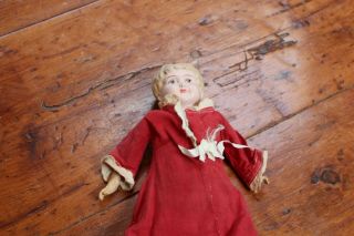 Vintage German Doll In Red Dress & Petticoat