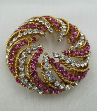 Vintage Deep Pink And Clear Rhinestone Gold Tone Brooch Pin.  Signed Capri