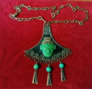 Vintage Large Mexico Carved Face Green Stone Copper Pendant W/ Chain