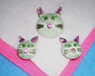 034d Vtg Dodds Cat Face Pin Brooch And Clip Earrings Rhinestone Eyes Ears Nose