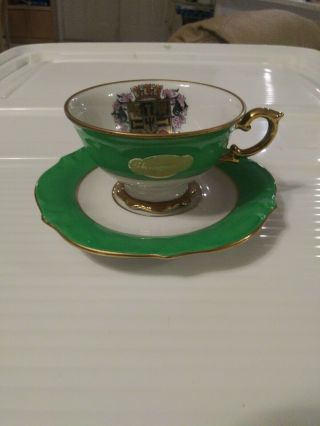 Vintage Pwb Bavaria Handmalerei Green Gold Trim Tea Cup & Saucer Miniature Set