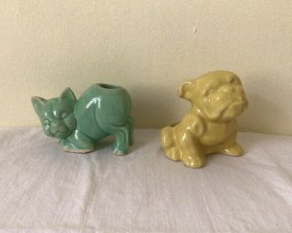 Vintage Mccoy Pottery Arched Green Cat Small Planter & Yellow Bull Dog Planter