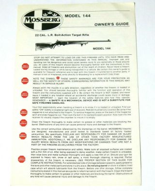 Vintage Mossberg 144 Owners Guide Oem Printing