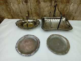 2 Vintage Base Metal Worn Silver Plate Bonbon Dishes & 2 X 5.  75 Inch Plates