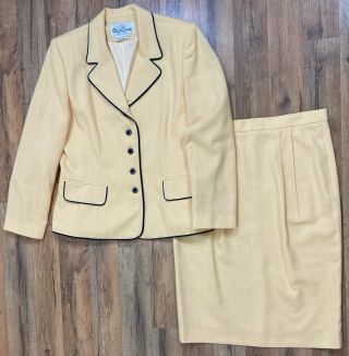 Vintage Oleg Cassini Yellow Skirt & Jacket Suit Womens Size 12 Lined Pockets Set