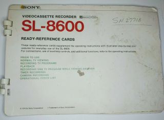 Vintage Sony Sl - 8600 Ready Reference Cards Betamax X2 Video Cassette Recorder