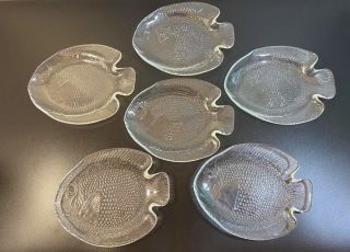 Vintage Fish Shaped Clear Textured Glass Snack/appetizer Plates – Set Of 6