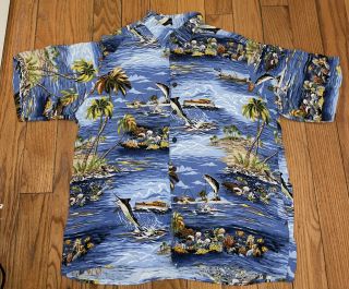 Vtg Vintage Reyn Spooner Fishing Button Down Hawaiian Shirt Rayon L