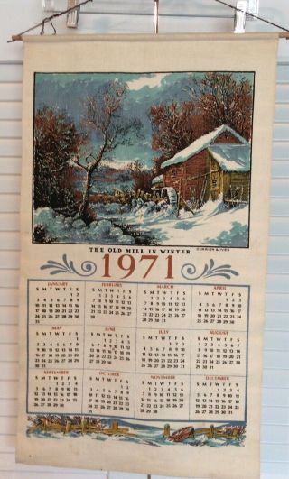 Vintage 1971 Linen Calendar Tea Towel The Old Mill In Winter By Currier And Ives