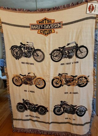 Vintage Harley Davidson Woven Throw Blanket Tapestry 50x70 Nwt 100 Cotton