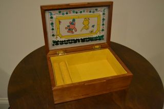 Vintage Wood Jewelry Trinket Box With Bear And Elephant On Top Yellow Velvet
