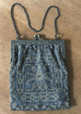 Antique French Art Deco Metal Micro Beaded Bag Purse Brass Frame & Chain