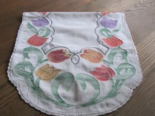 Vtg.  Cotton/linen Hand Embroidered Dresser Scarf/table Runner Tulips