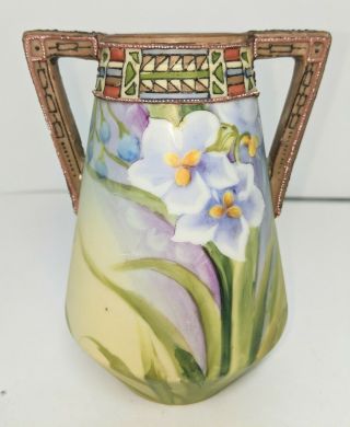 Vintage Nippon Hand Painted Double Handle Small Vase 5 " Tall Daffodils Floral