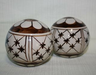 Vintage Hand Painted Brown White Ceramic Carpet Balls Set 2