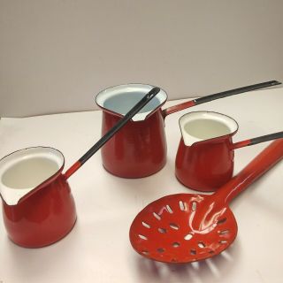 Enamel Ware Red And White Ladles And Slotted Spoon 1 From Yugoslavia Vintage