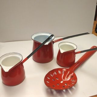 Enamel Ware Red And White Ladles And Slotted Spoon 1 from Yugoslavia Vintage 3