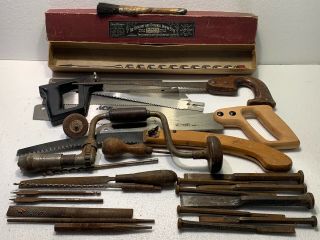 Vintage Tools Saws Blades Wood Chisels Brace Drill Bits Awl Rasps - Irwin Box