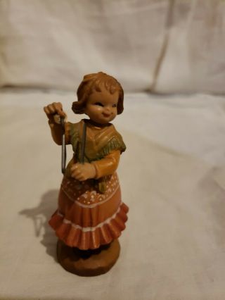 Vintage Anri 3  Tiny Sounds Wood Carved Girl Playing Triangle Figurine 1967 - 78