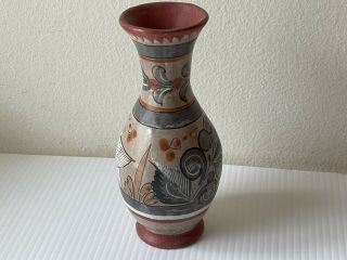 Vintage Tonala Mexican Pottery Vase 7 1/4 " Folk Art Bird Boho Bohemian Decor