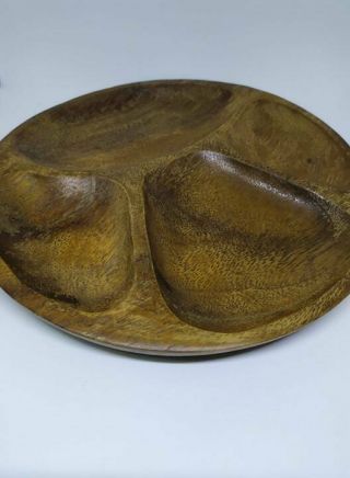 Vintage Carved Wood Monkey Pod Bowl Divider Dish Snack With Mark