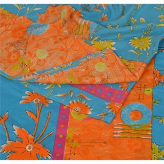 Sanskriti Vintage Orange Saree Moss Crepe Printed Sari Soft 5 Yd Craft Fabric