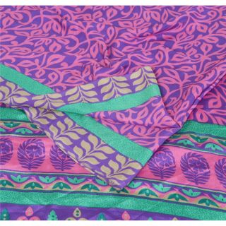 Sanskriti Vintage Purple Saree Moss Crepe Printed Sari Decor 5 Yd Craft Fabric