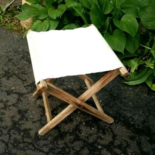 Vintage Folding Camp Stool Wood Canvas Seat Chair Fishing