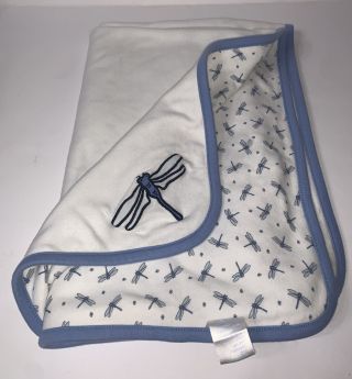 Vtg 2000 Gymboree Baby Blanket Security Lovey White Blue Dragonfly Flaw