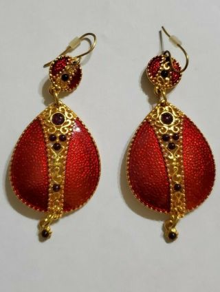 Vintage Edgar Berebi Red Enamel Gold Tone Earrings Drop Dangle