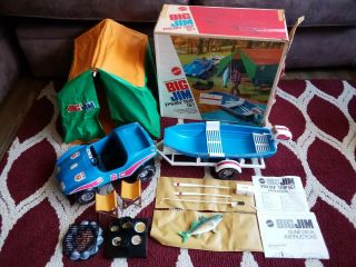 Vintage Big Jim Fishin Trip Set W/ Box Dune Buggy Boat Tent Mattel 1973 Rare Htf