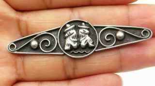 Mexico 925 Silver - Vintage Men With Sombreros Swirl Detail Brooch Pin - Bp3046