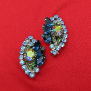 Juliana Vintage Rhinestone Clip On Earrings Ab Blue Green Faceted Crystal 310r